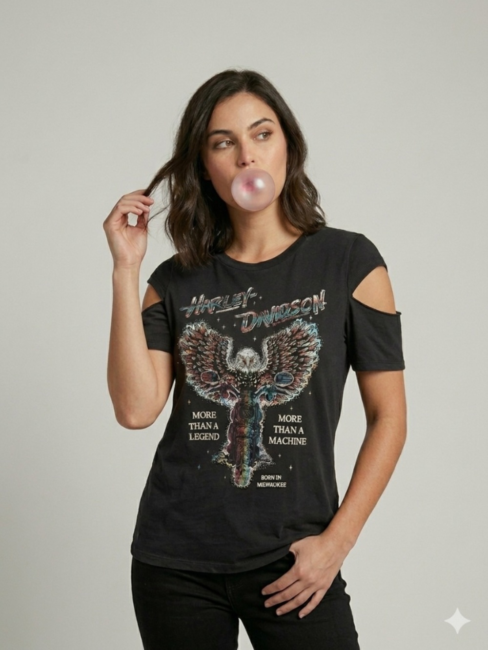 Harley Davidson Black Eagle Graphic Print Slit Short Sleeve T-Shirt - Small 🦅